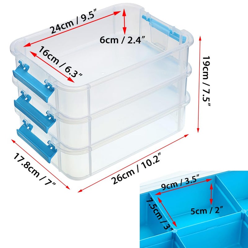 JUXYES 3-Tiers Stack Carry Storage Box With Divided Tray, Transparent Stackable Storage Bin With Handle Lid Latching Storage Container for School & Office Supplies (Blue) - Image 2